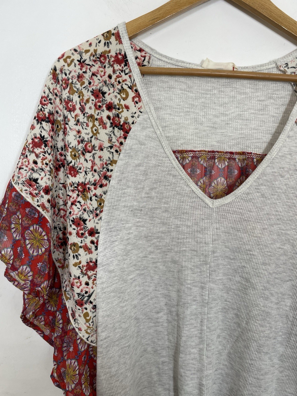 Hummingbird Shirt Small Thermal Waffle Knit Oversized Boho Lagenlook Mixed Media