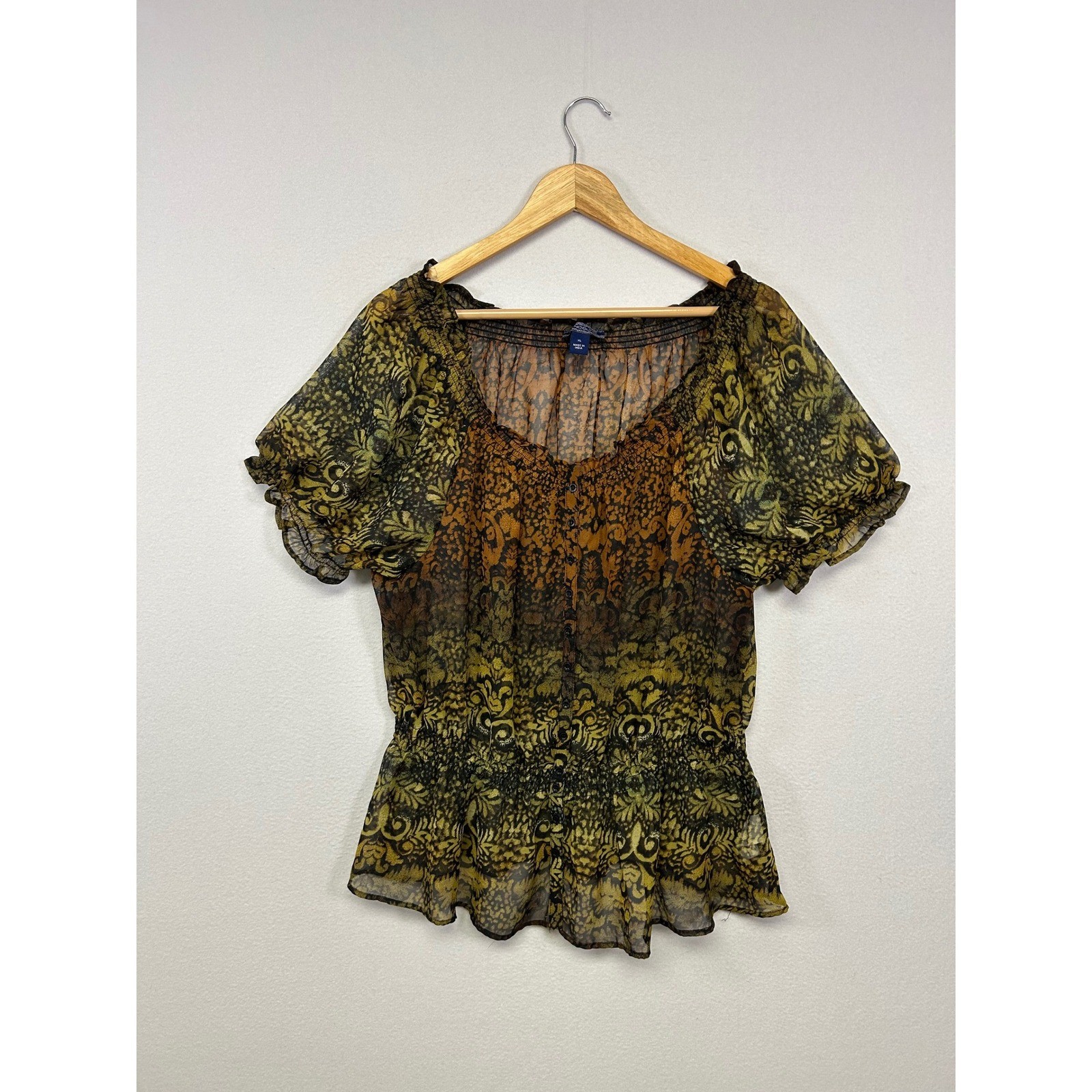 Whimsigoth Boho Bandolino Womens XL Gold Brown Sheer Smocked Damask Blouse Top