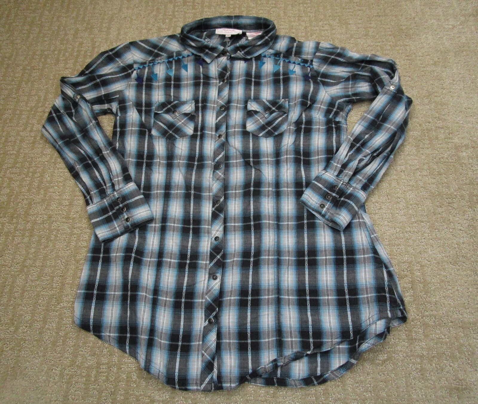 Panhandle Slim Pearl Snap Shirt Women Extra Large Blue Plaid Western Embroidered