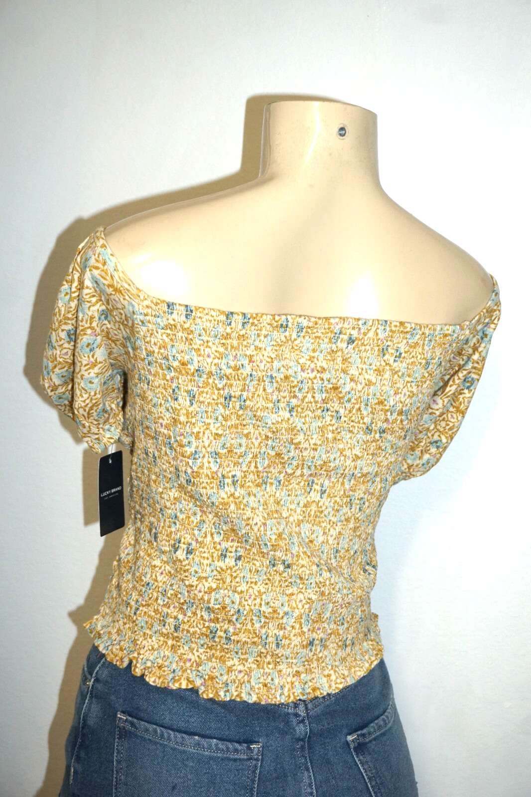 NWT WOMENS LUCKY BRAND GOLD MULTI COTTON SQUARE NECK SMOCKED TOP SIZE XL