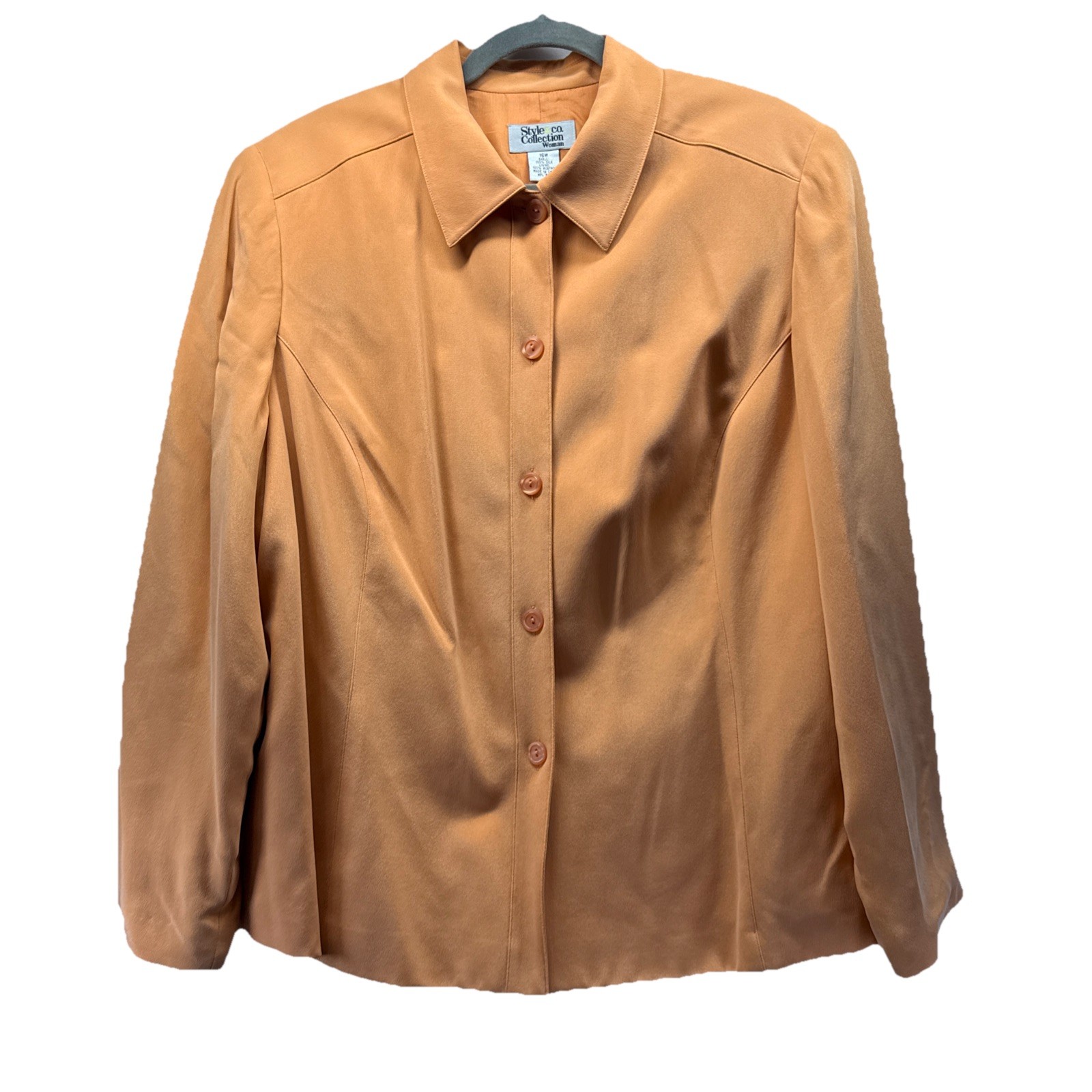 Style Co Woman’s Silk Blouse Top Size 16W Button Up Long Sleeves Lined Orange