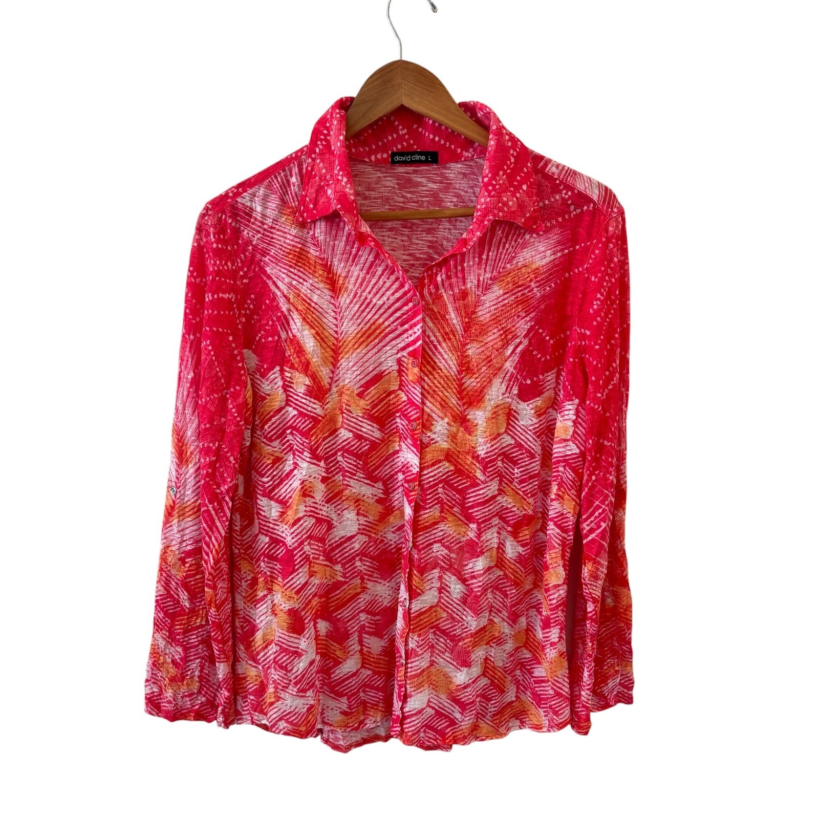 David Cline Crushed Snap Front Top L Orange Pink Cerise Chevron Roll Tab Sleeve