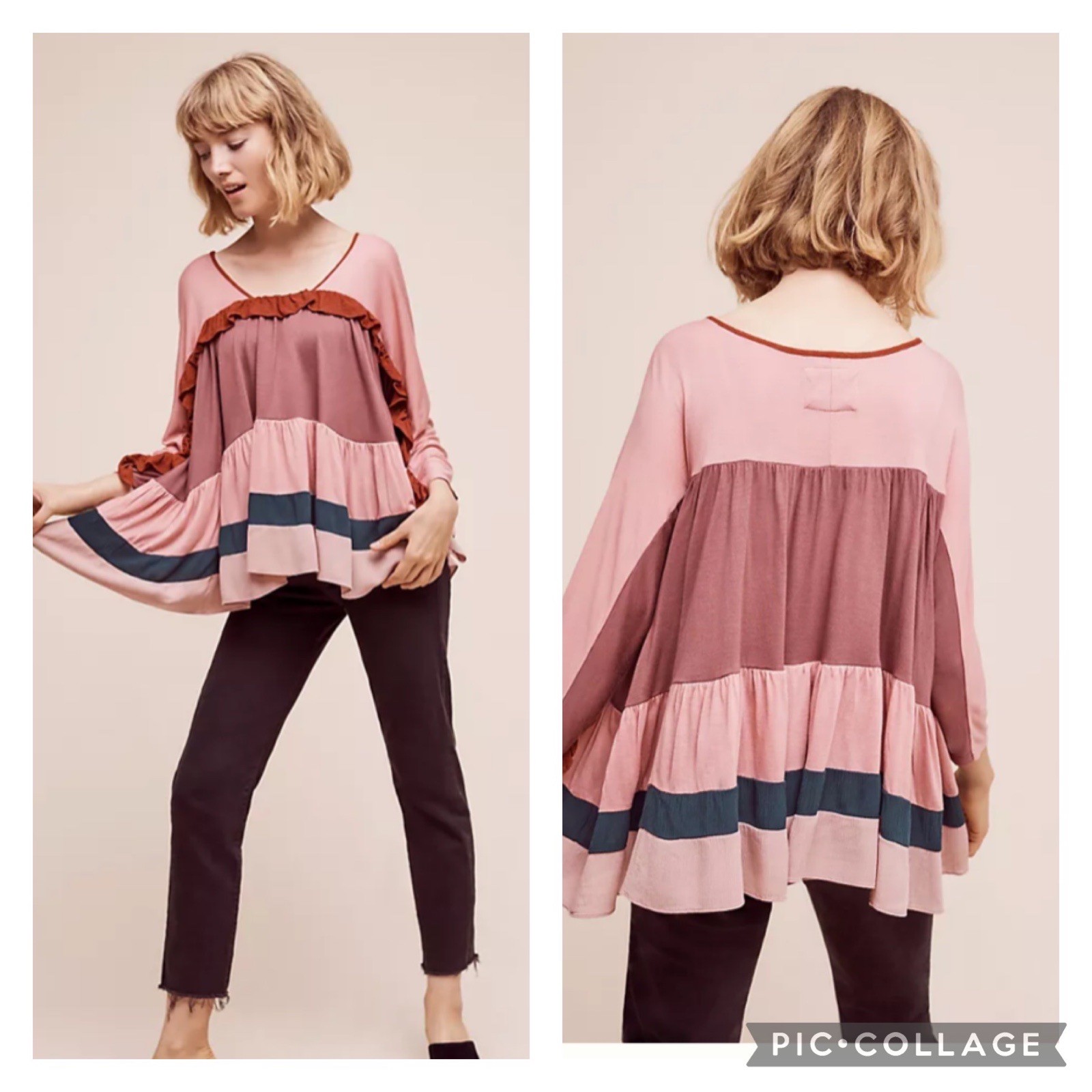 Anthropologie Meadow Rue Mina Color Block Ruffled Top Size Medium