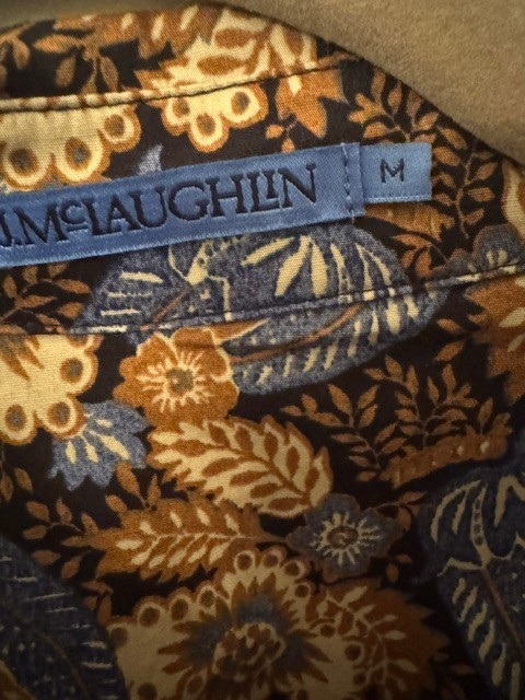 J. McLaughlin Blouse Size Medium Batik Flowers Blue Brown Paisley