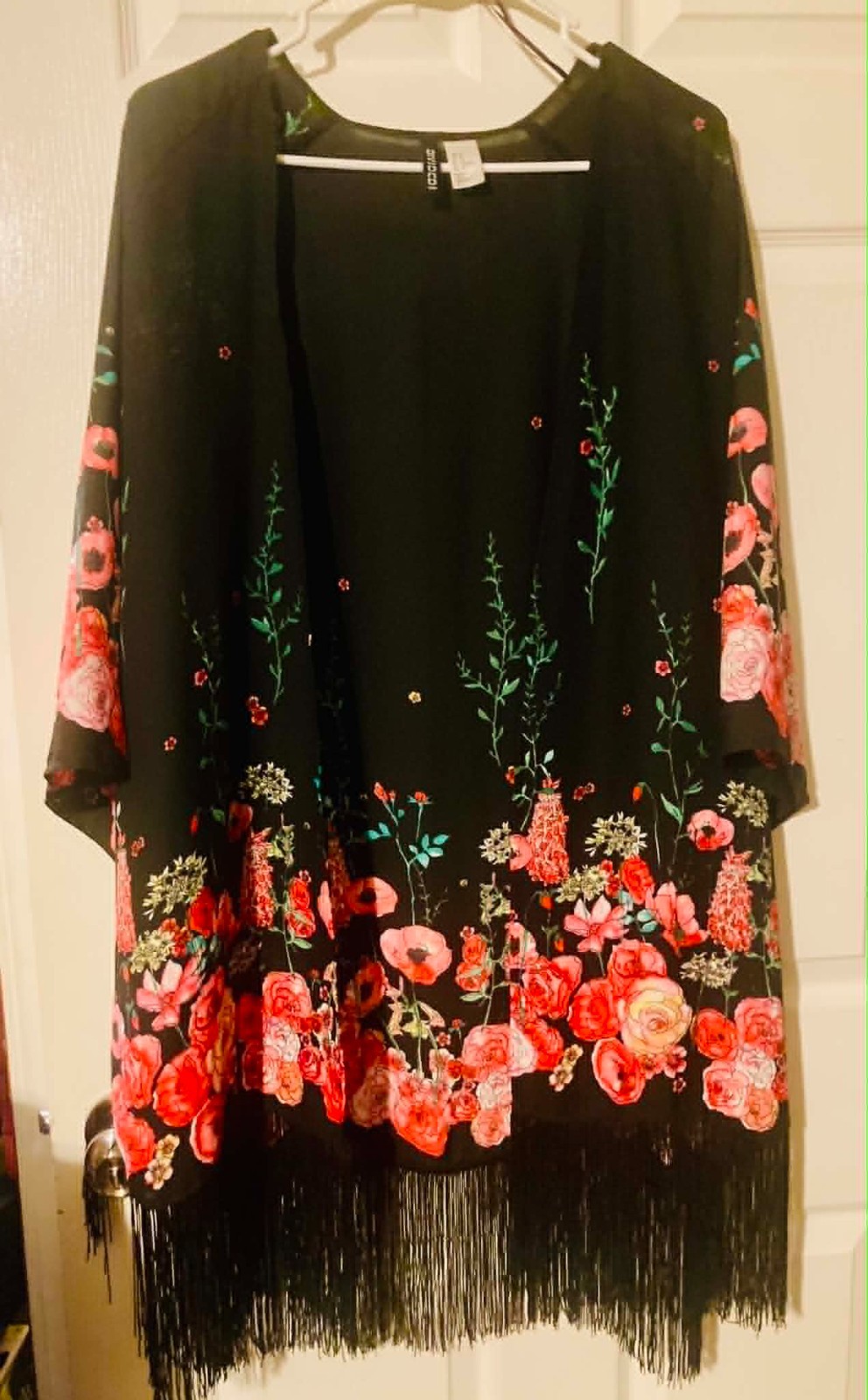 Divided Womens Floral Kimono Wrap Black Pink Cherry Blossom Fringe Size Medium*