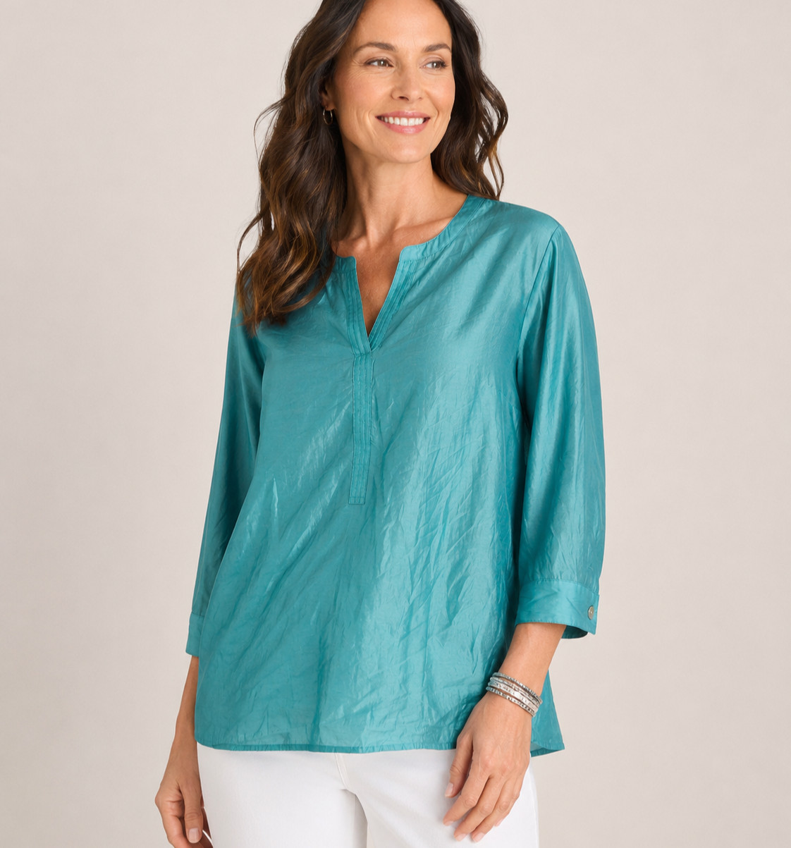 J Jill Womens XL Teal Tencel Lyocell Blouse 3/4 Sleeve Split Neck Shimmer