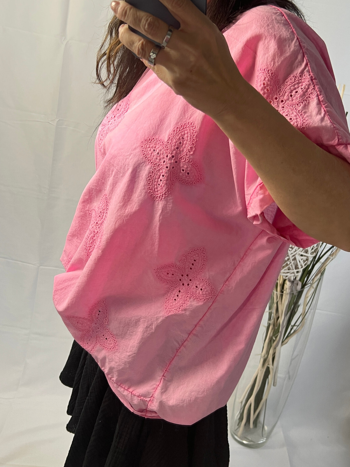 Italy new collection shirt blouse pink wash blogger size 38 40 42 44 eyelet embroidery