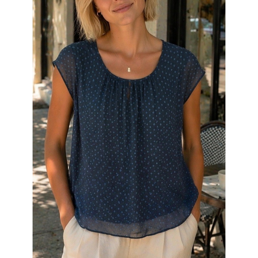 DR2 Womens Blouse Navy Green Blue Small Swiss Dot Work Office Summer
