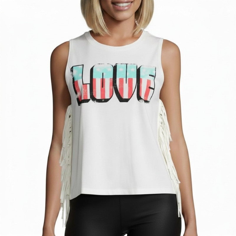 Arizona Americana Fringe Ivory Love Tank Top Juniors Size S, M, L, XL, XXL New