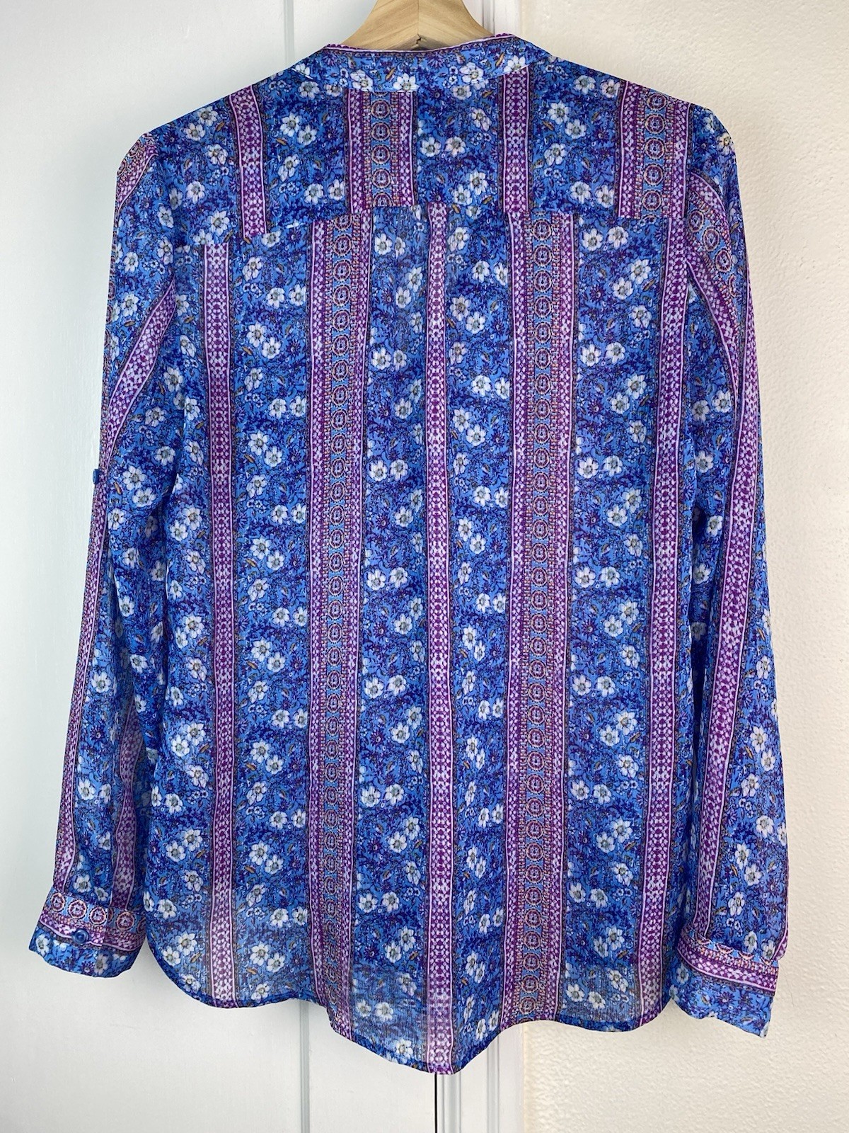 KUT from the Kloth Womens S Blue Purple Sheer Striped Floral Button Up Tunic Top