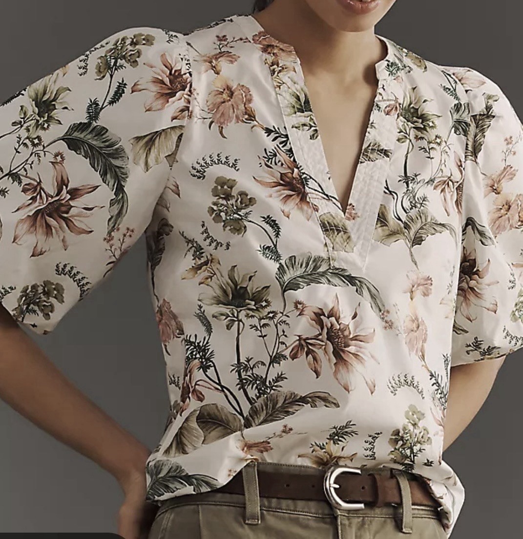Anthropologie Women’s Medium Floral Botanical Puff Sleeve 100% Cotton Blouse Top