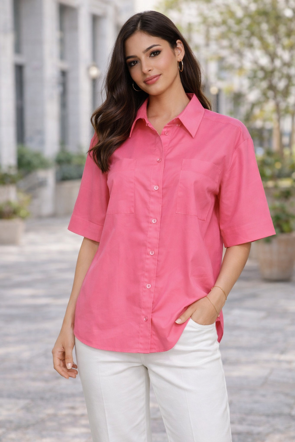 NWOT Hyfve Women’s Pink Cotton Button Down Shirt Two Pockets Short Sleeve Size M