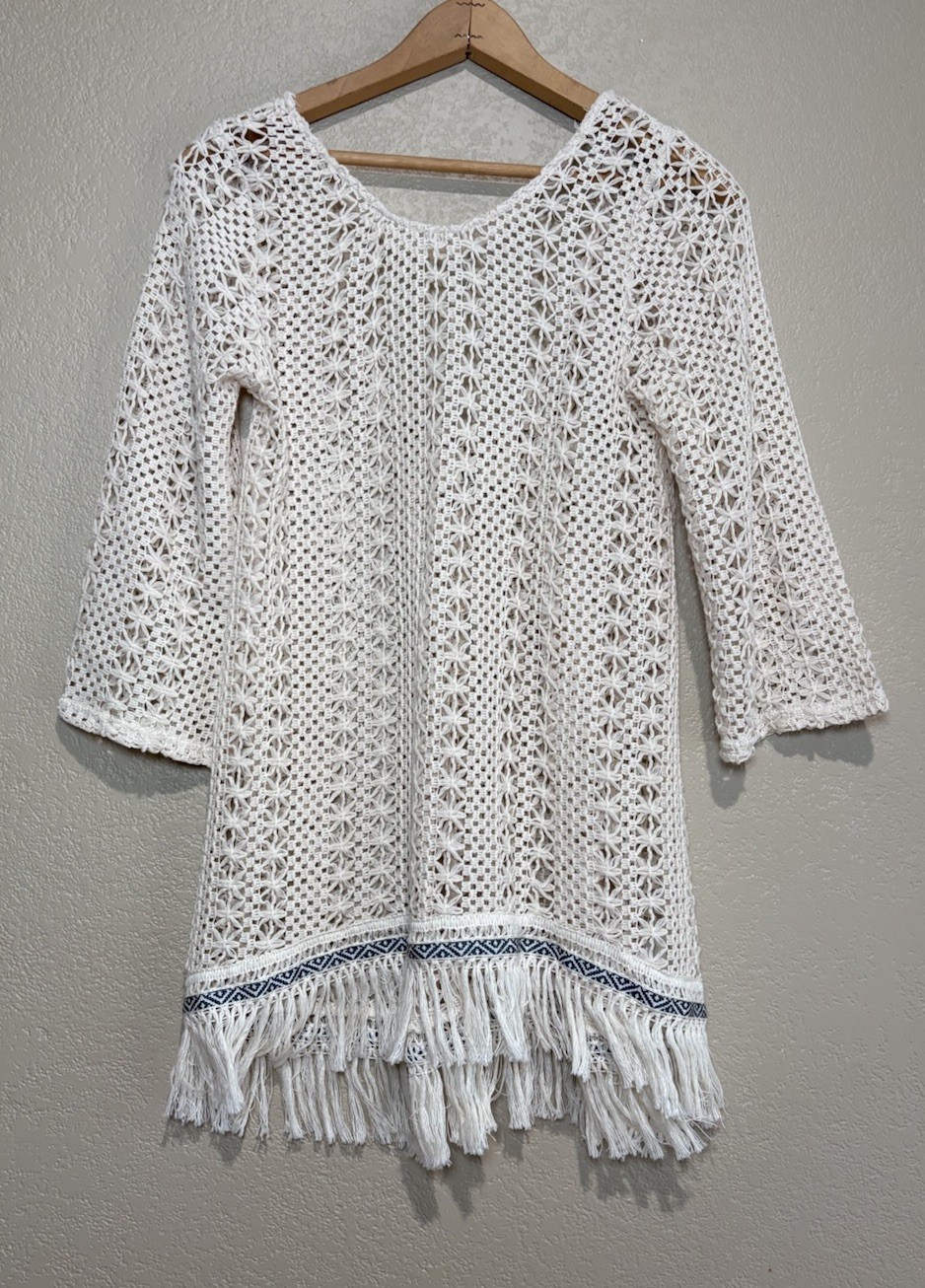 Ya Los Angeles Women’s Crochet Fringe Boho Shirt Swimwear Cover Sz S