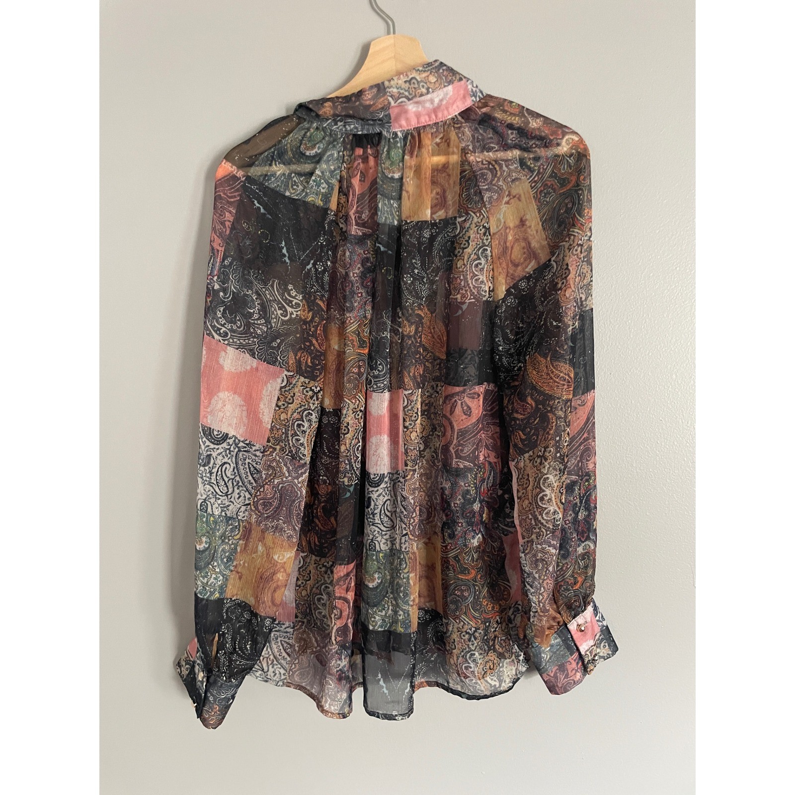 Paisley Patchwork Blouse Womens XL Multi Sheer Gold Button Boho Tops Romantic