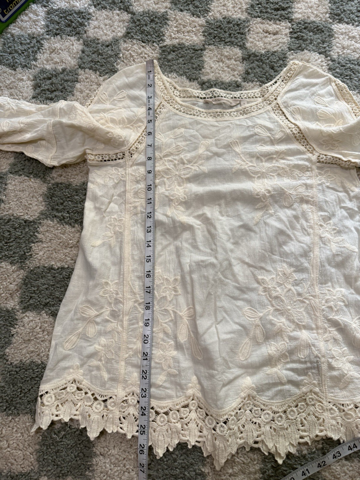 Soft Surroundings Cream Lace Trim Embroidered blouse top flare bell sleeves boho