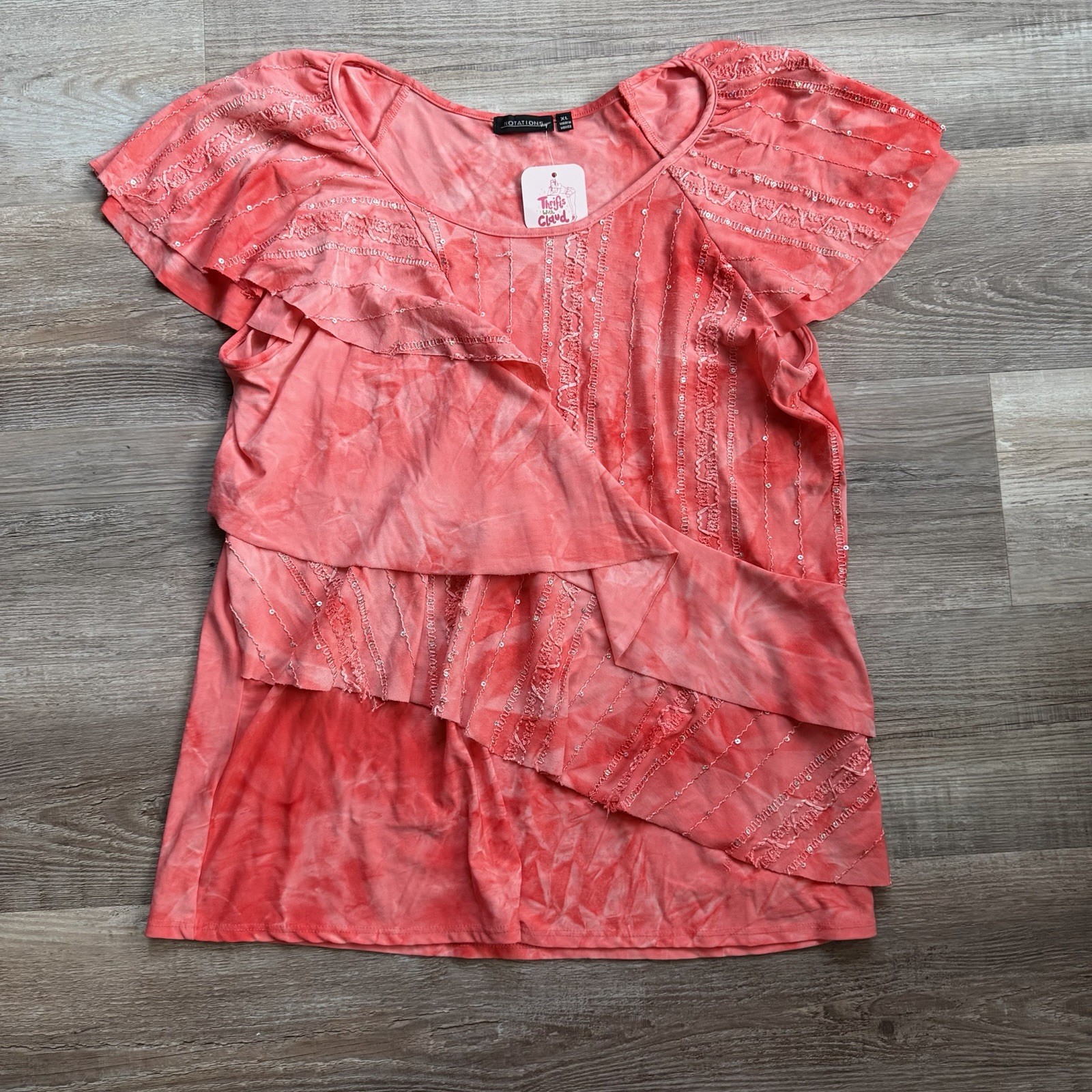 Y2K Notations Pink Tie Dye Ruffle Boho Top XL Sequin Lace Asymmetrical