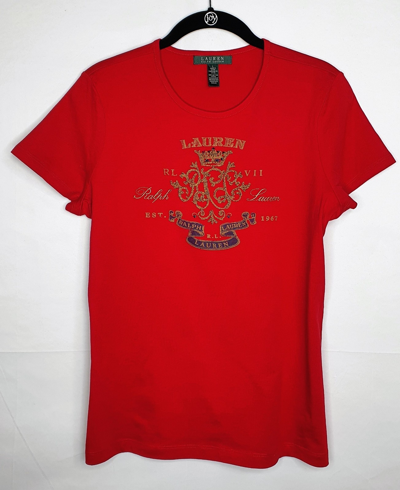 Lauren T-shirt Womens L Red 100% Soft Cotton Short Sleeve Flashy Embroidered VTG