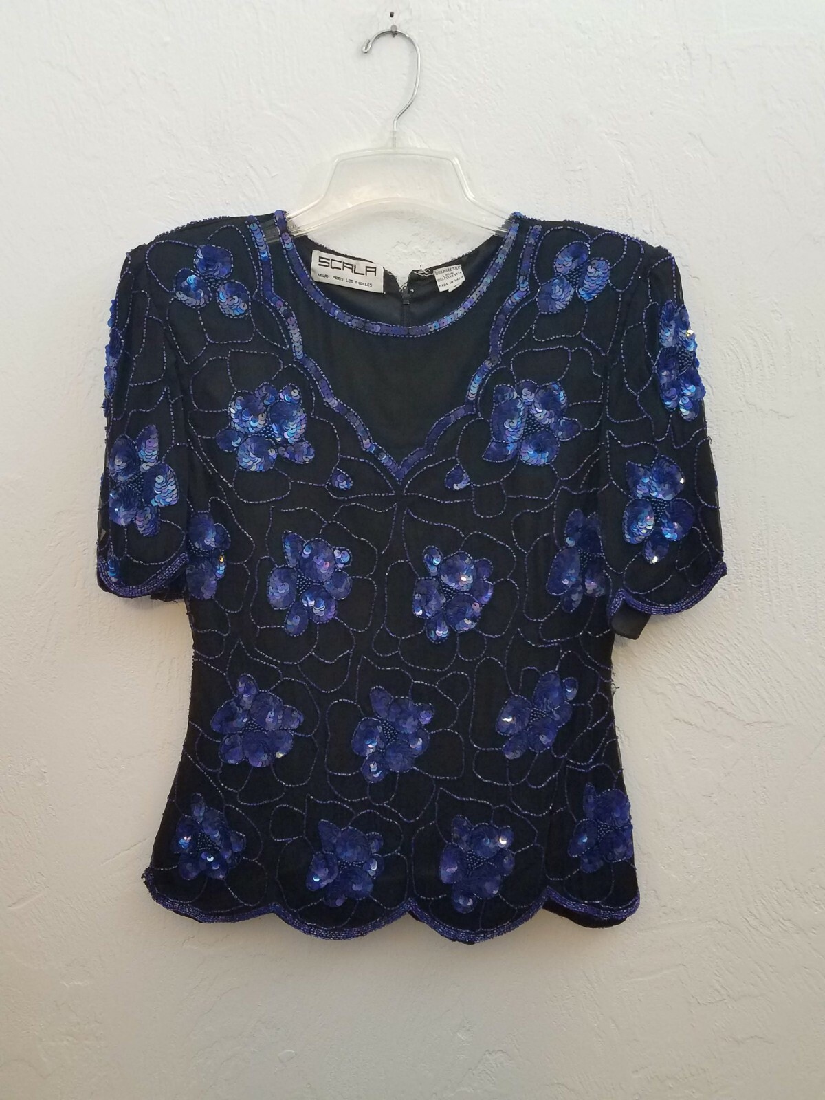SCALA WOMENS SZ SMALL BLACK PURPLE SEQUINED BEADED TOP COCKTAIL PARTY ELEGANT