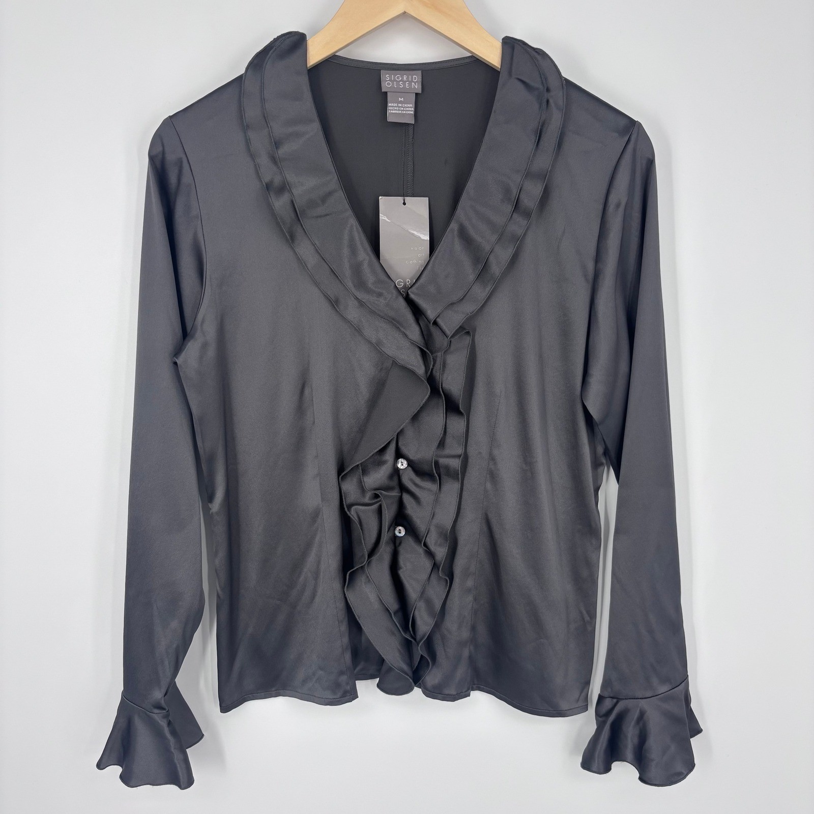 Sigrid Olsen Silk Blouse Womens Medium Pewter Ruffle V-Neck Silver Seas Goth NEW