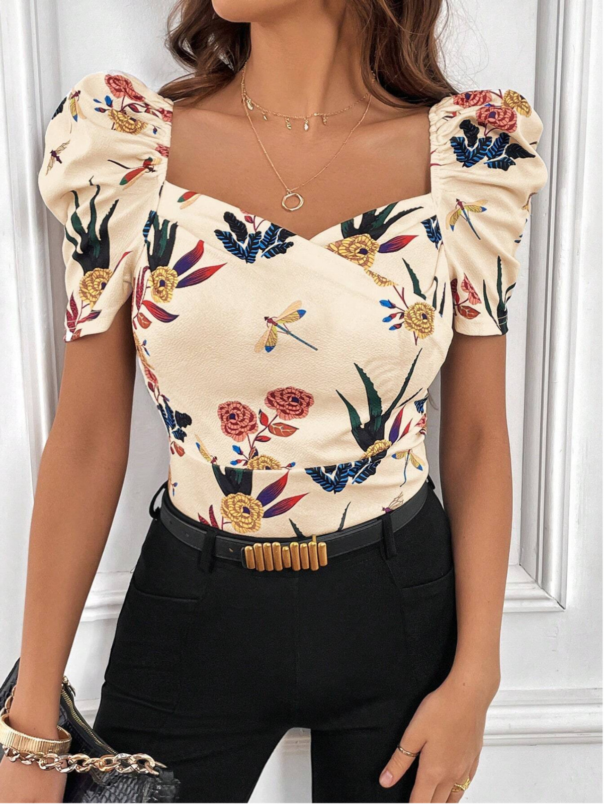 Multicor Privé Floral Print Sweetheart Neck Puff Sleeve Summer Tee Sz XS S M LXL