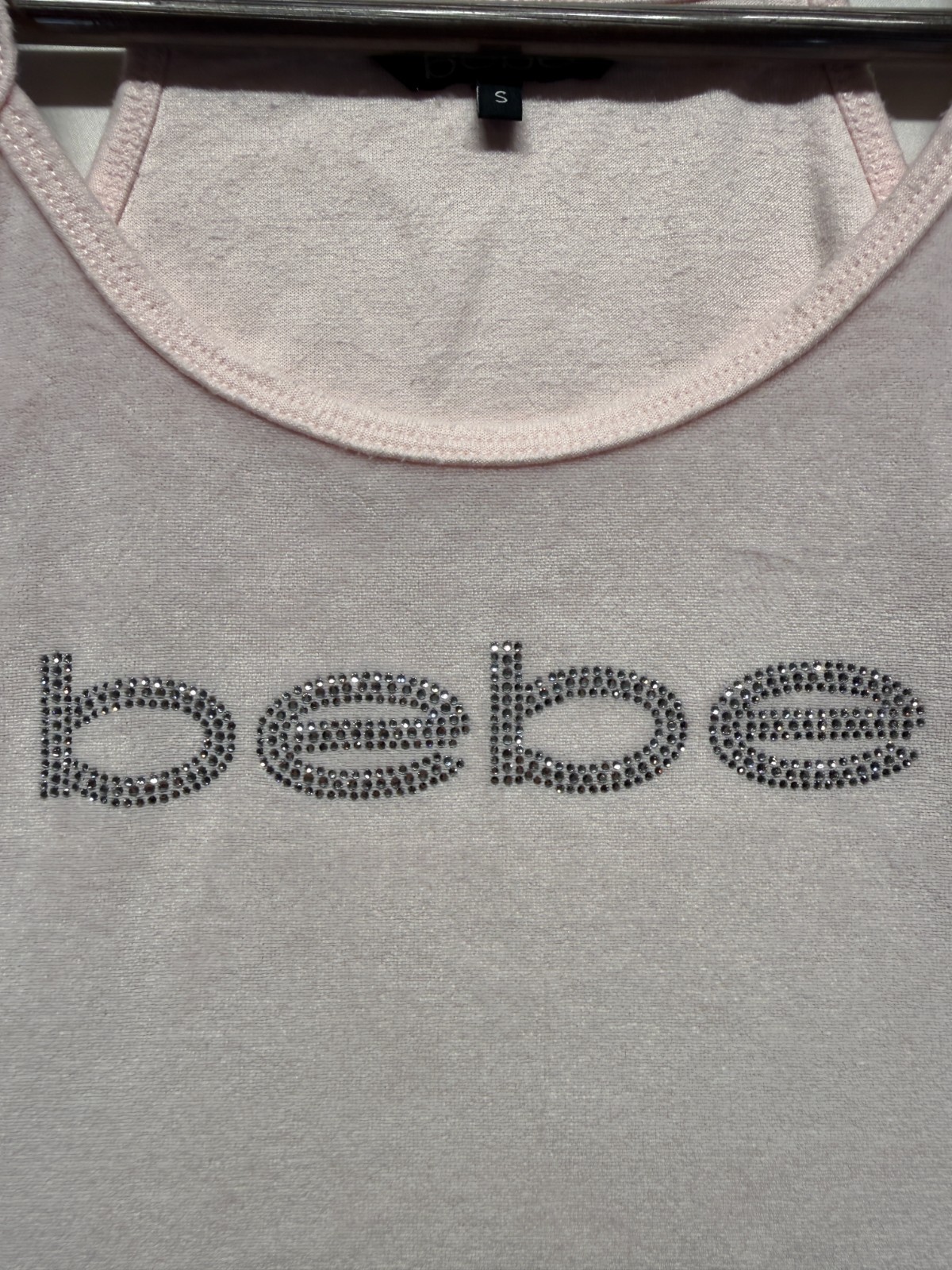 Bebe Cropped Tank Top Womens Small Pastel Pink Embellished Rhinestone Stretch