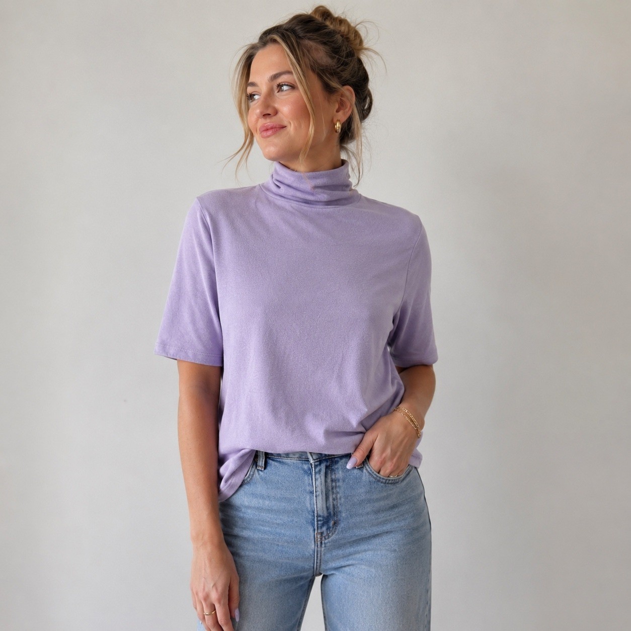 Banana Republic Turtleneck Top Minimalist Women M Purple Soft Luxe Elbow Sleeve