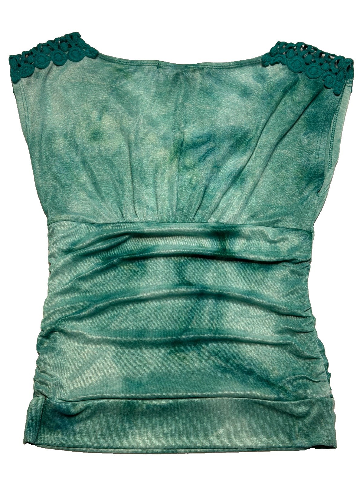 HeartSoul Boho Teal Shimmer Ruched Crochet Lace Trim Top Size Small