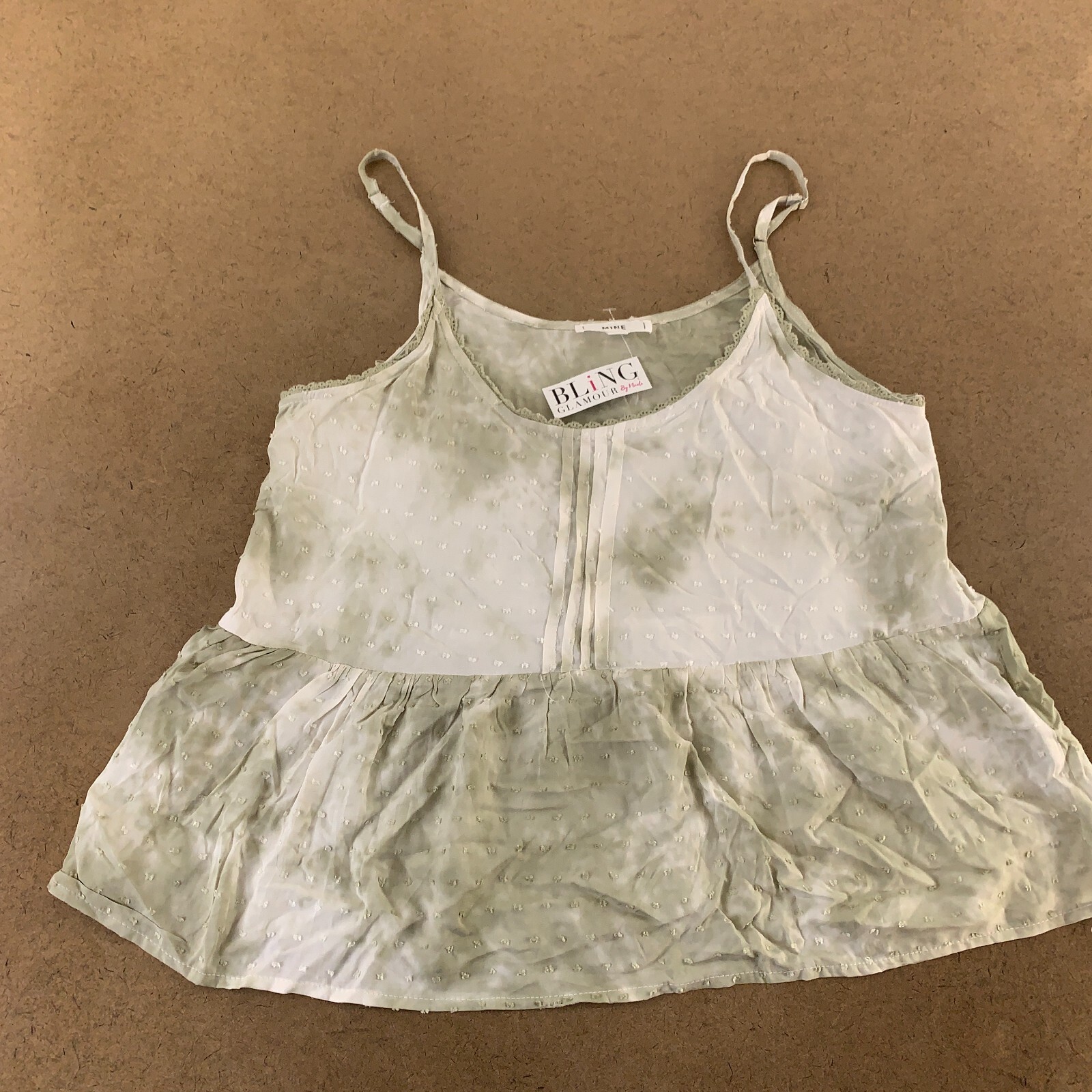 MINE Women’s Size Small Olive Tie Dye Swiss Dot Peplum Tank Top NWT