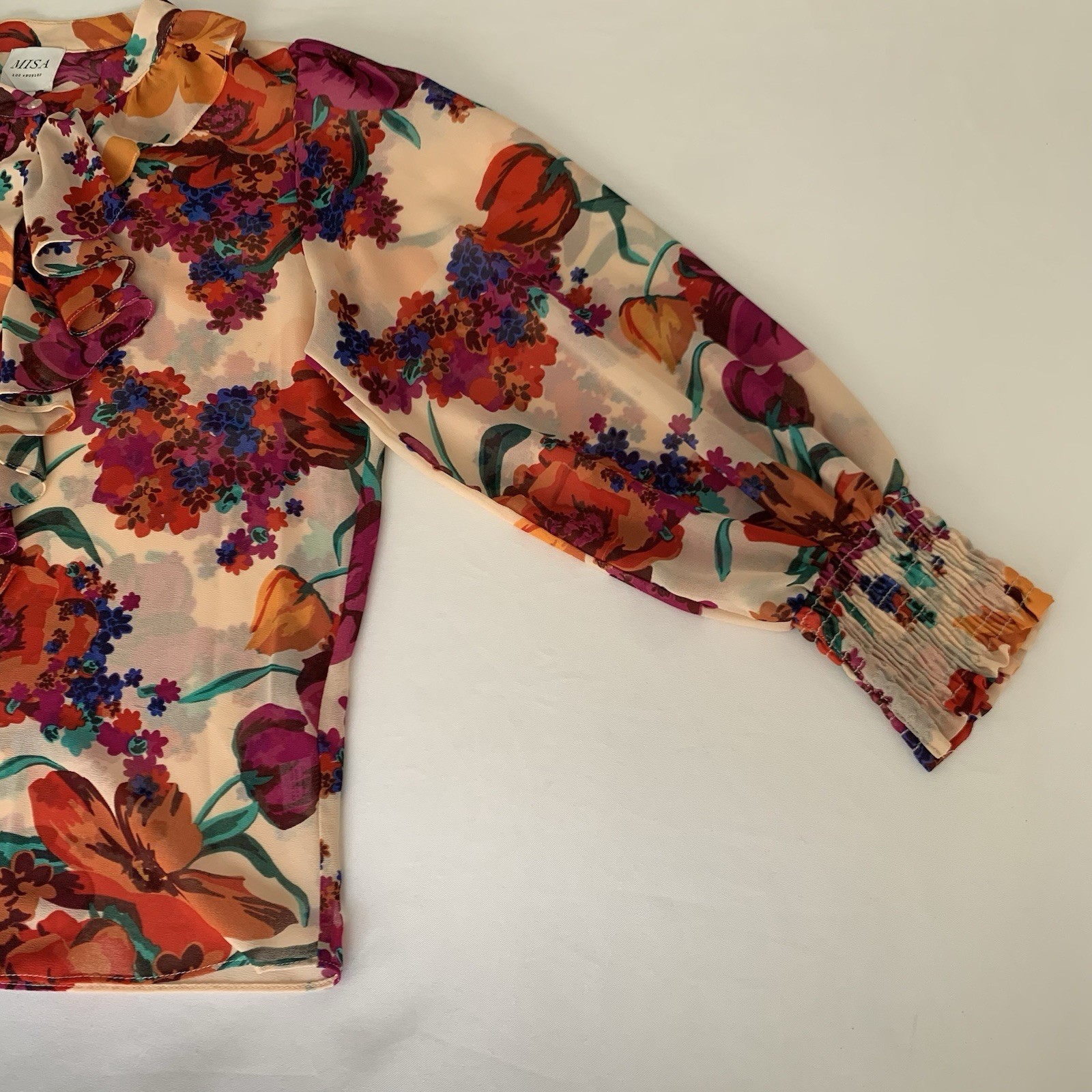 MISA Los Angeles Blouse L Button Sheer Nude Purple Floral Colorful Feminine Chic