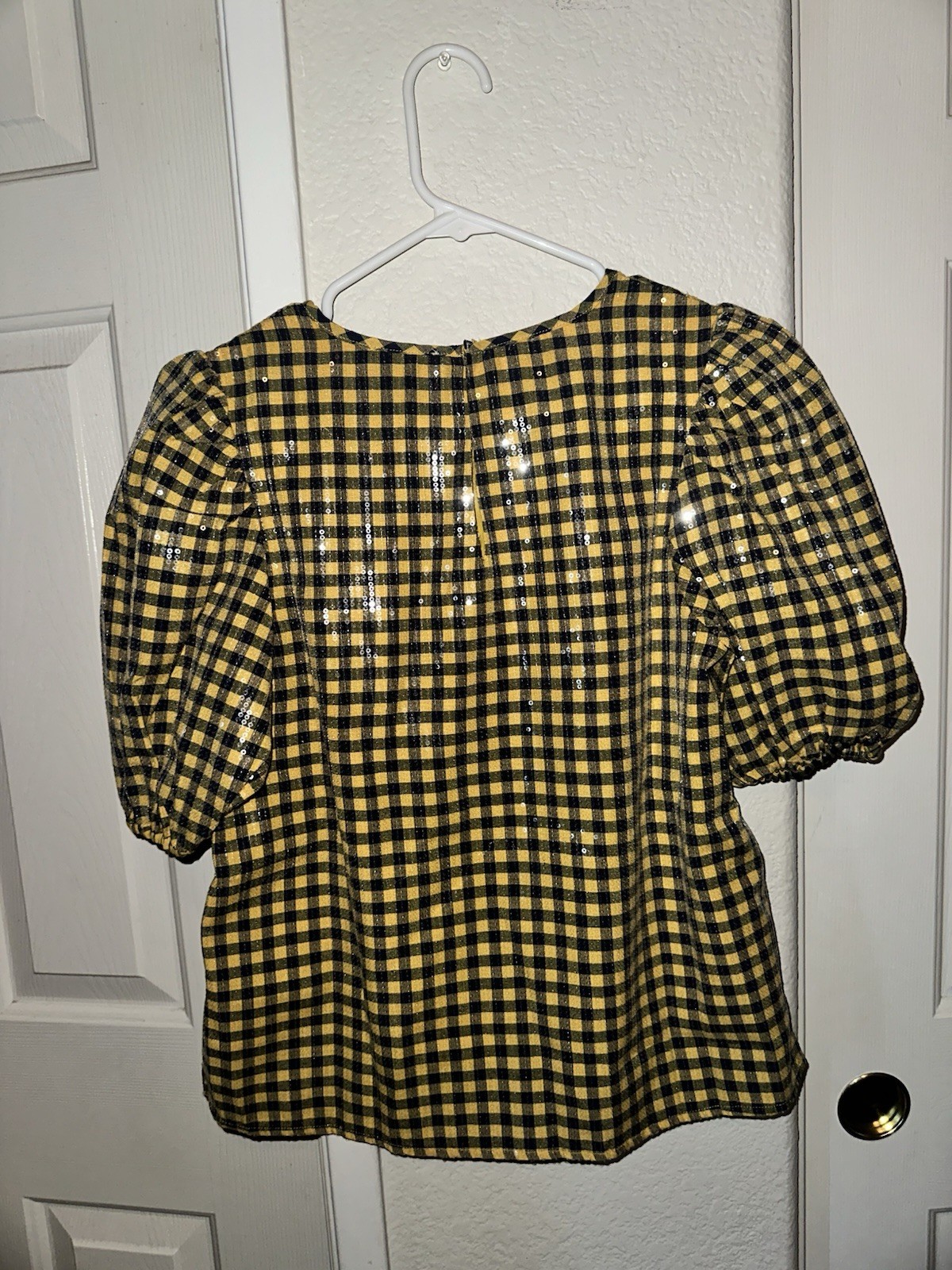 Women’s Yellow/Black Gingham Puff Short Sleeve Round Neck Pullover Blouse S