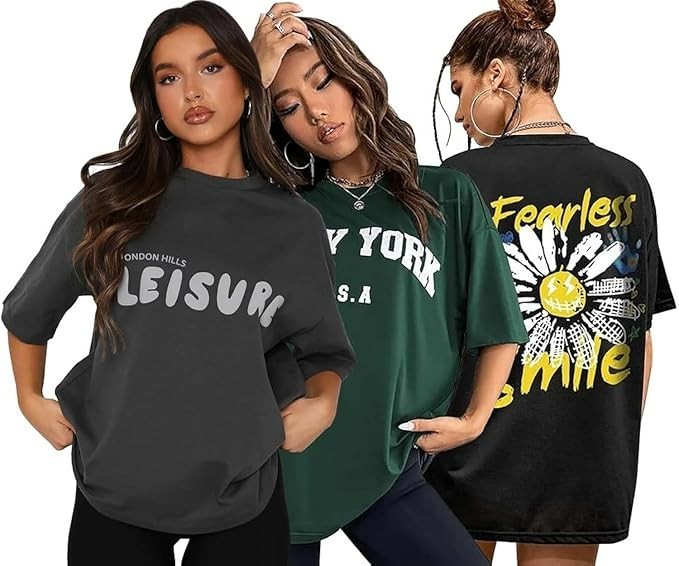 Women’s Cotton Oversized Fit Printed Round Neck Oversized T-Shirt (Pack Of 3)