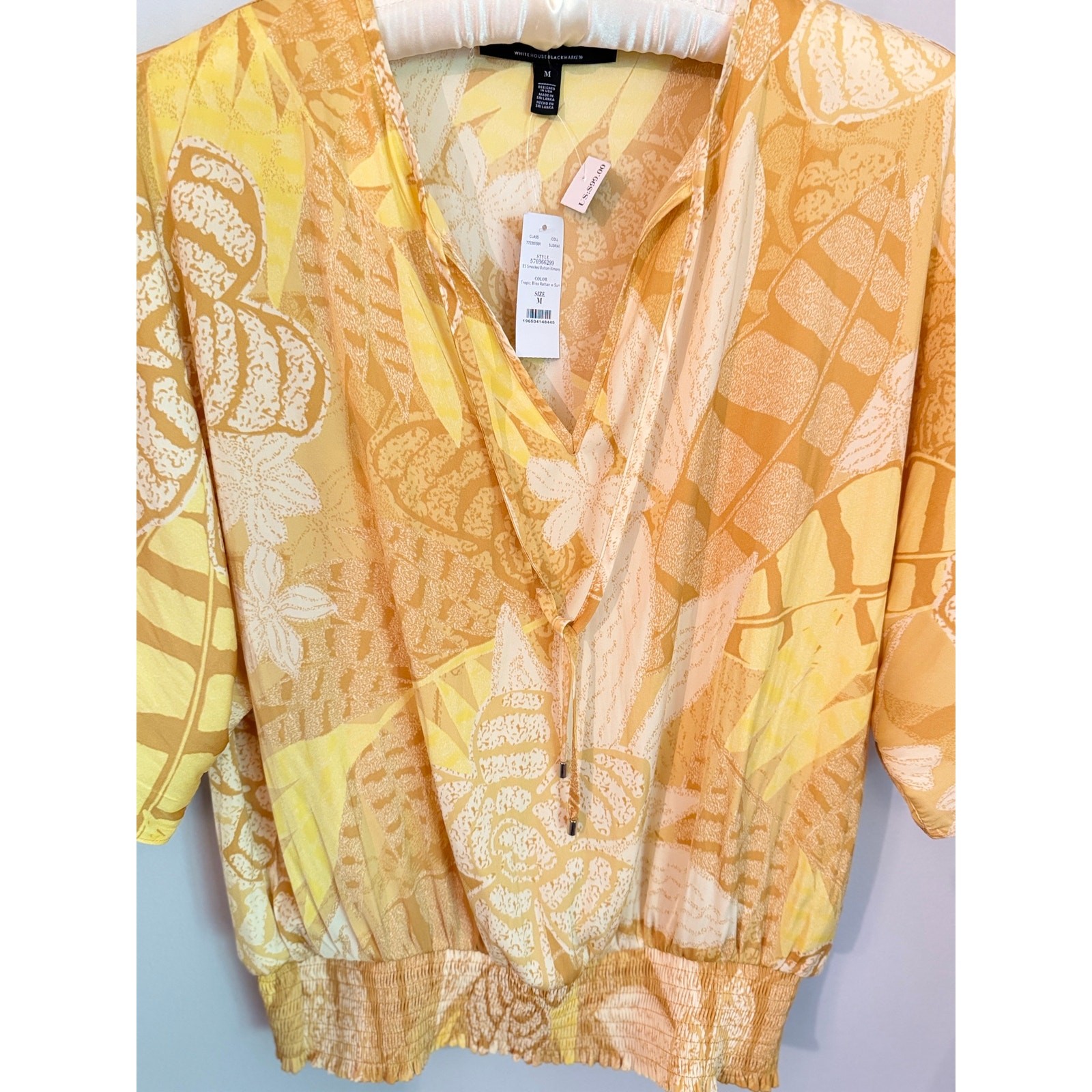 White House Black Market Smocked Hem Tropical Print Blouse Top NWT M