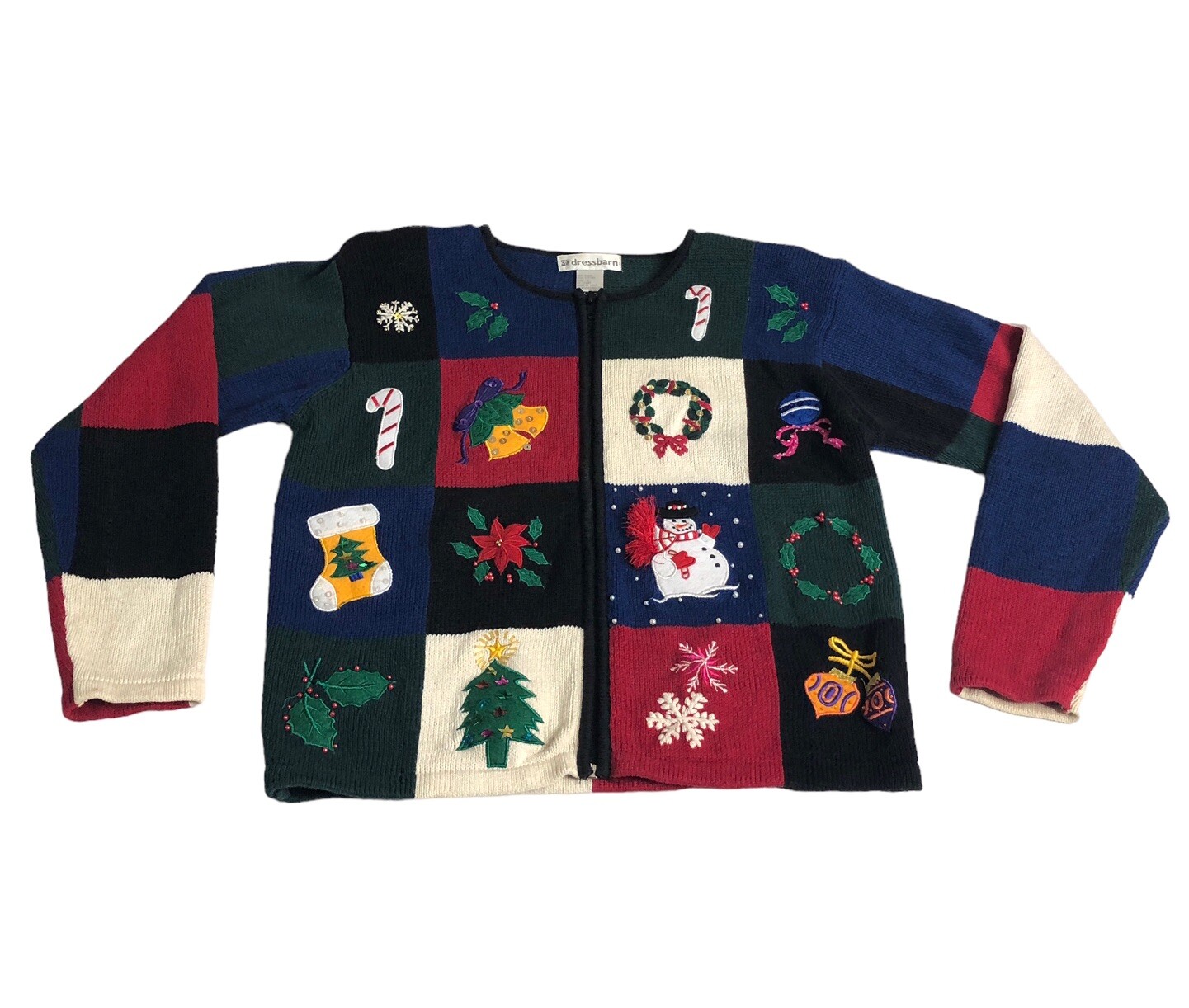 Vintage Dressbarn Christmas Cardigan Sweater Women L Knit Patchwork Sequin Zip