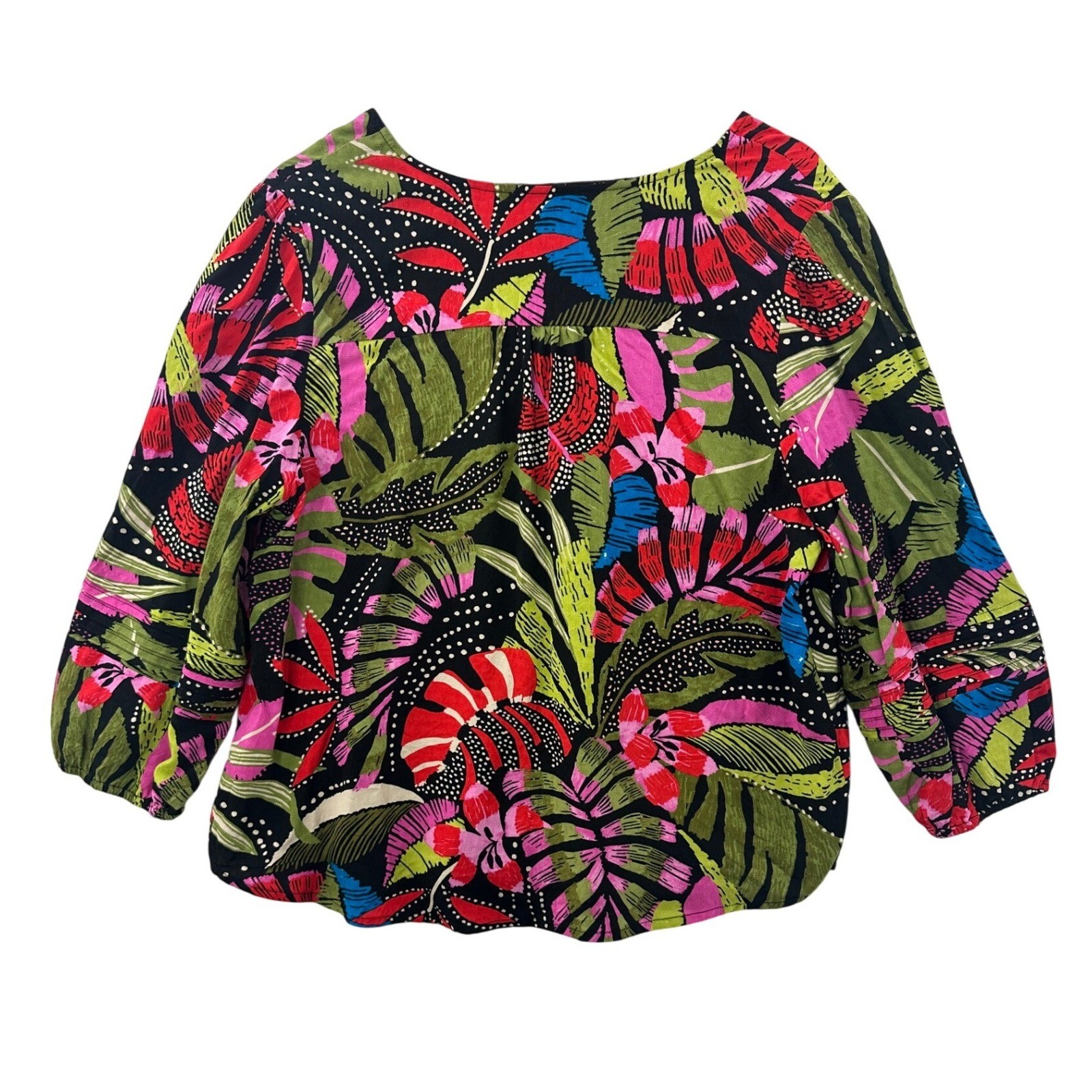 Tribal Blouse Womens Large Multicolor Tropical Floral 3/4 Sleeve Rayon Excellent