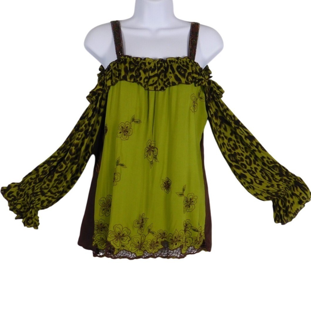 Krista Lee Beaded Sequin Boho Off the Shoulder Lightweight Blouse Sz Small Bww9