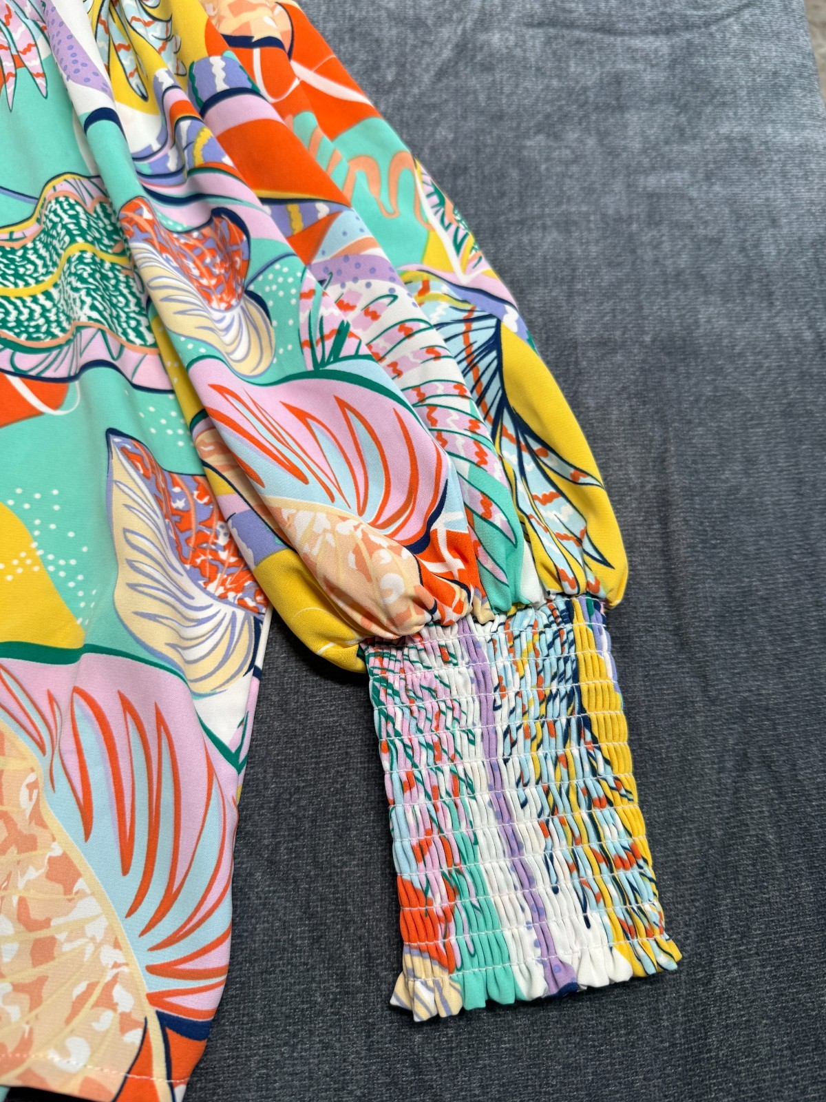 Womens Colorful Tropical Print Blouse Smocked Cuffs Oversized Button Front