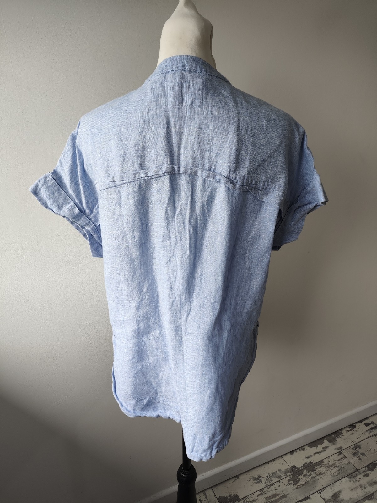 Per Una m&s Blouse top Size 8 Ladies Blue Casual Short Sleeve Linen summer Vneck