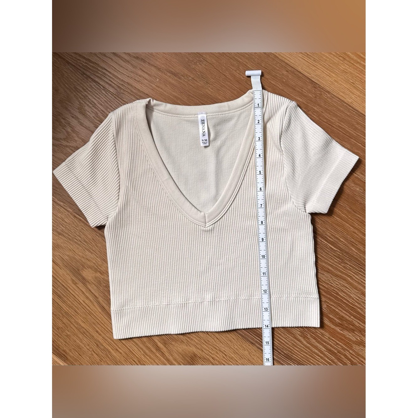 Ribbed V-Neck Crop Top – Beige
