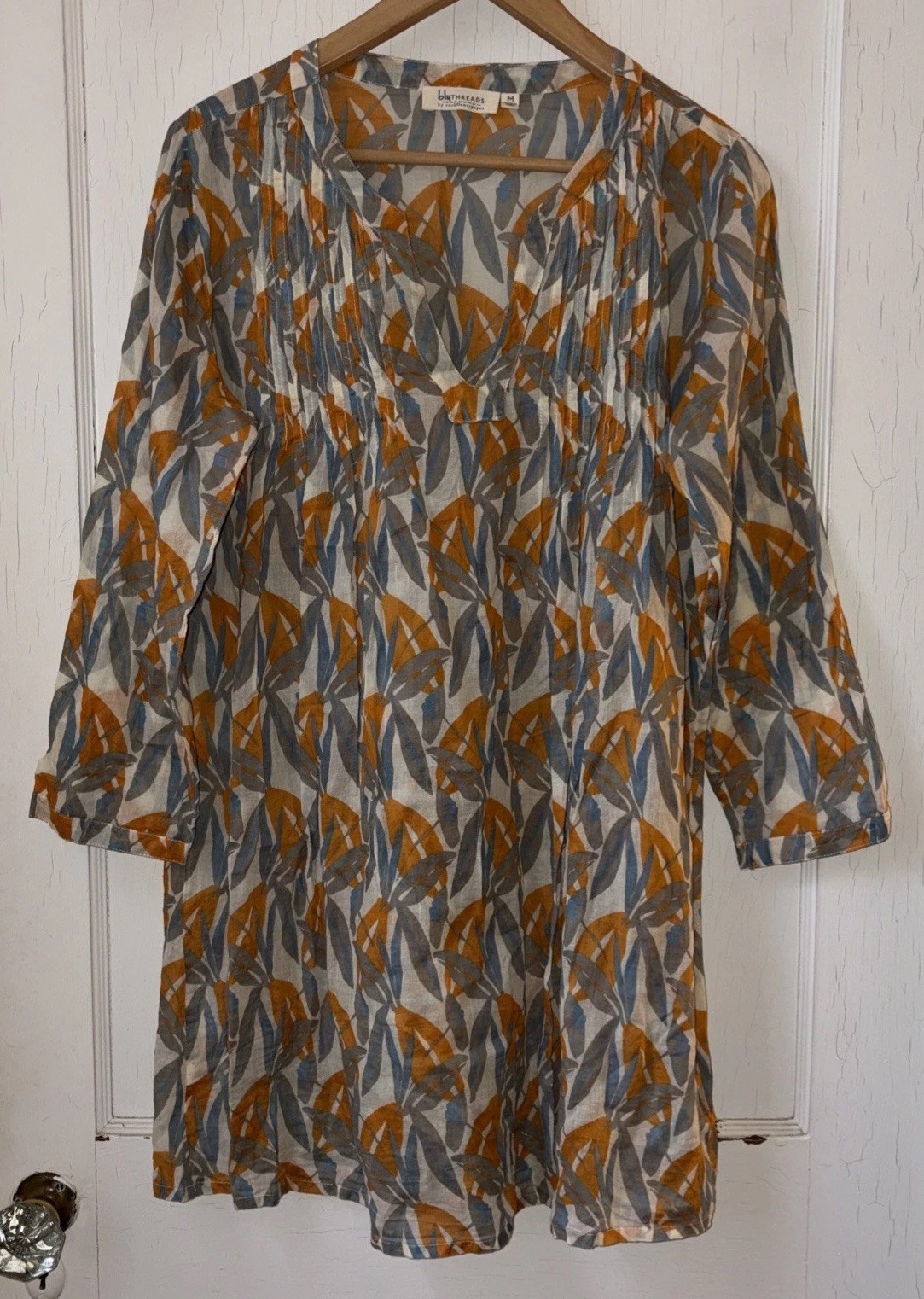 Rock Flower Paper Lightweight Tunic M Botanical Print Pintuck Boho