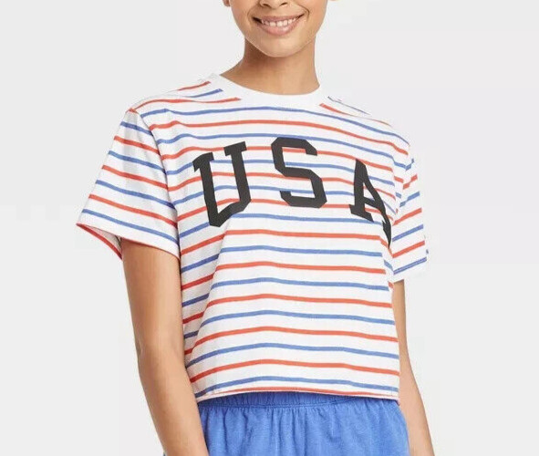 Women’s Mighty Fine Americana Patriotic Skimmer Tee Red White & Blue Size Large