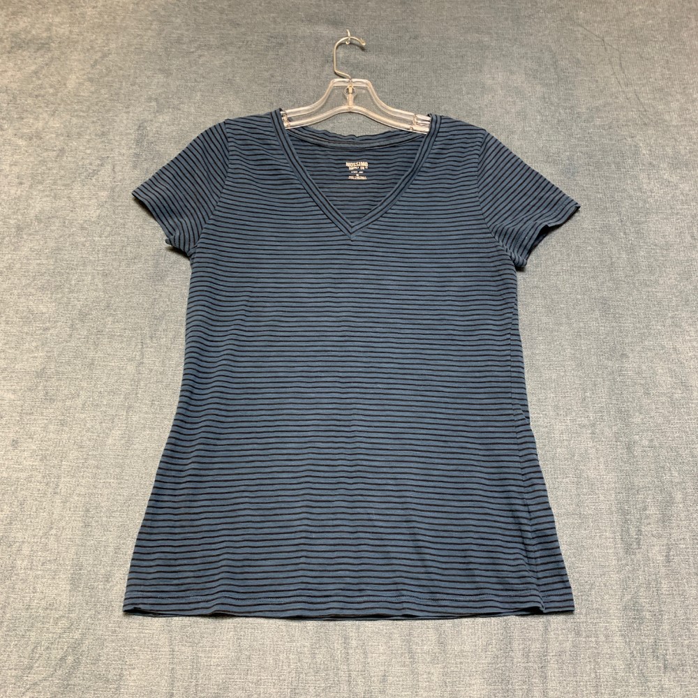 Mossimo Supply Co Top Womens Medium Blue Black Striped Cotton V-Neck Cap Sleeve