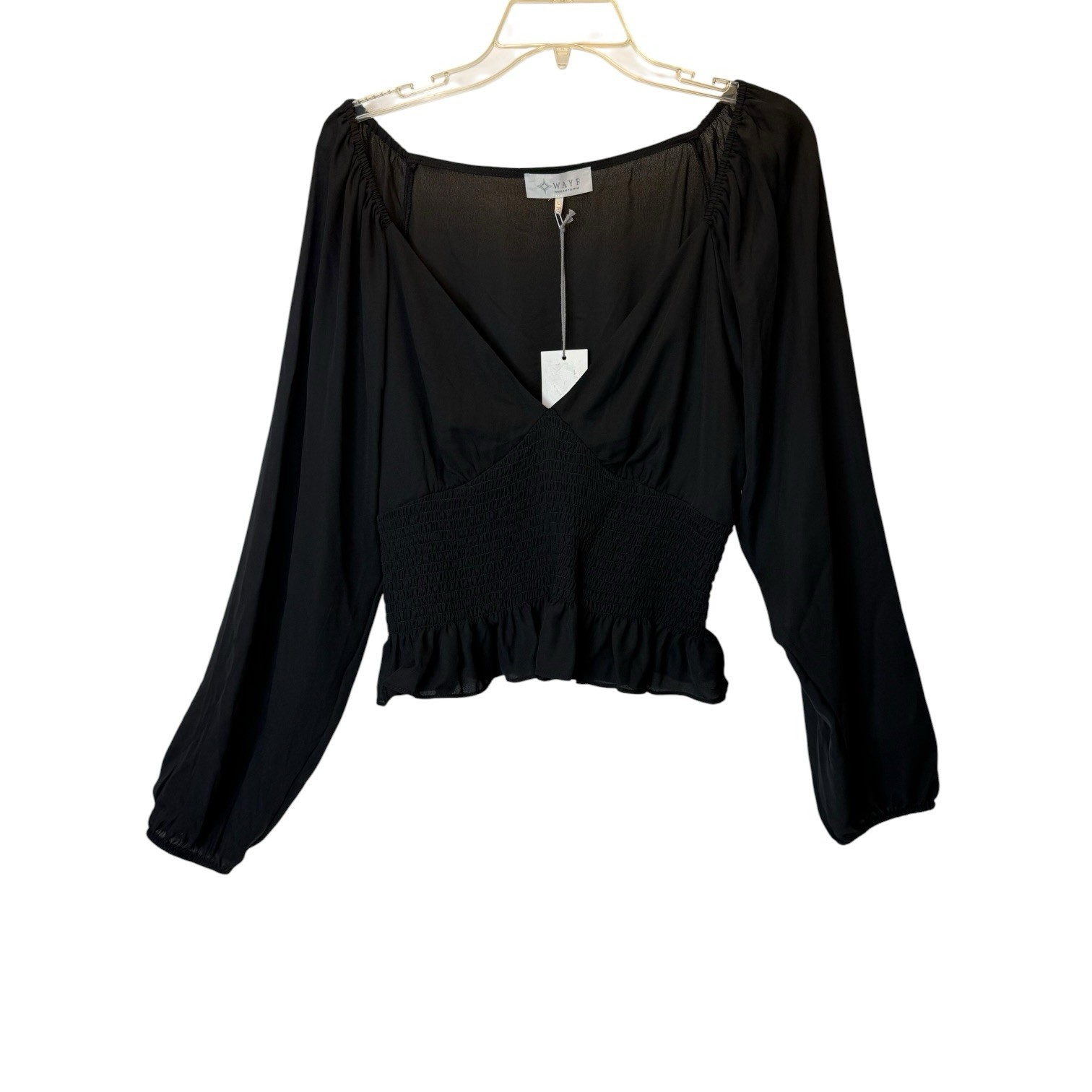 WAYF Semi Sheer Long Sleeve Ruched Chiffon Black Blouse Womens L