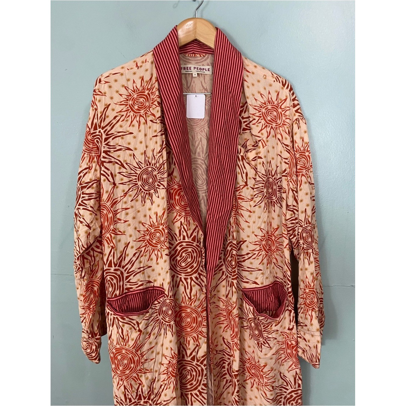 Free People Wild Nights Duster Celestial Sun Print Beige Red Orange Medium