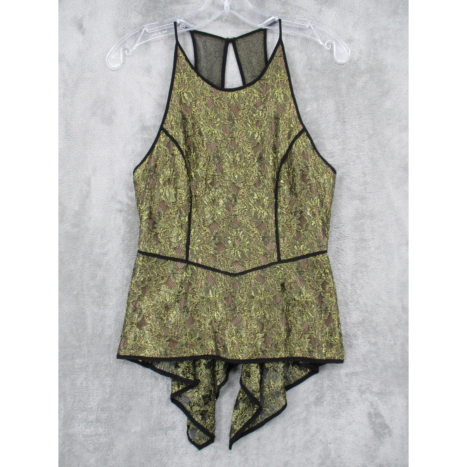 BCBGMaxAzria Blouse Womens 6 Gold Lace Larke Peplum Whimsigoth Fairy Grunge Glam