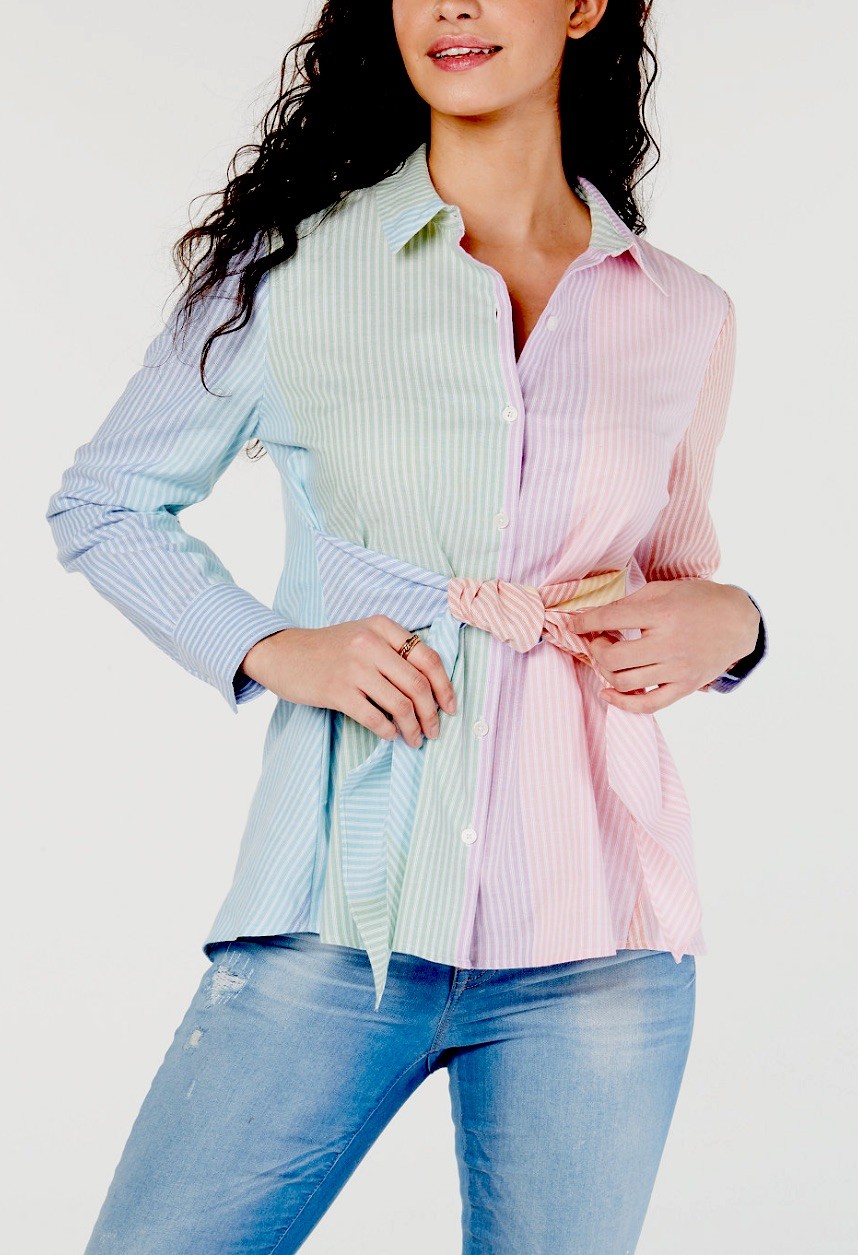 Tommy Hilfiger Women Striped Multi Colorblock Tie Front Cotton Blouse Top Sz L