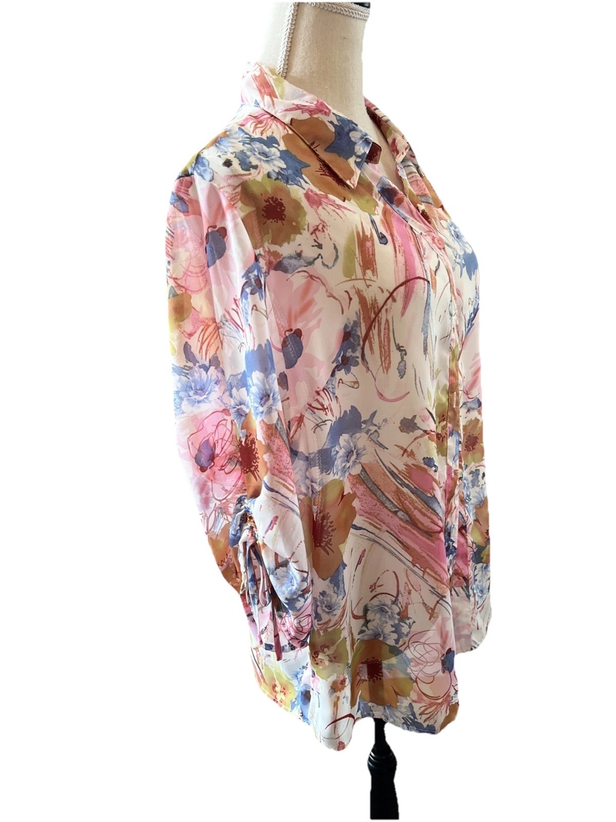 Salon Studio L Multi Color Floral Button up Blouse Semi Sheer 3/4 Shirred Slvs