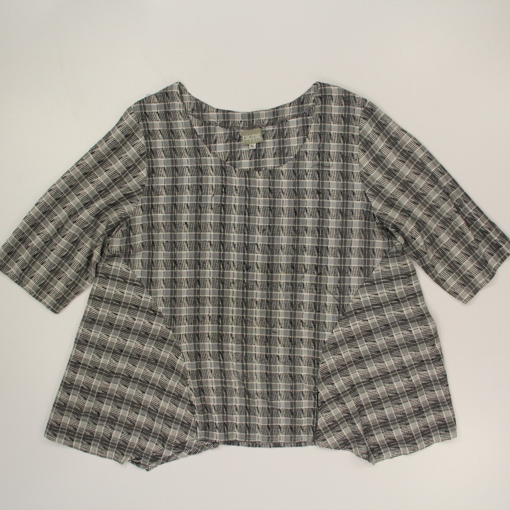 Niche Nilgun Derman Popover Tunic Sz XL Black White Texture Blouse Lagenlook Art