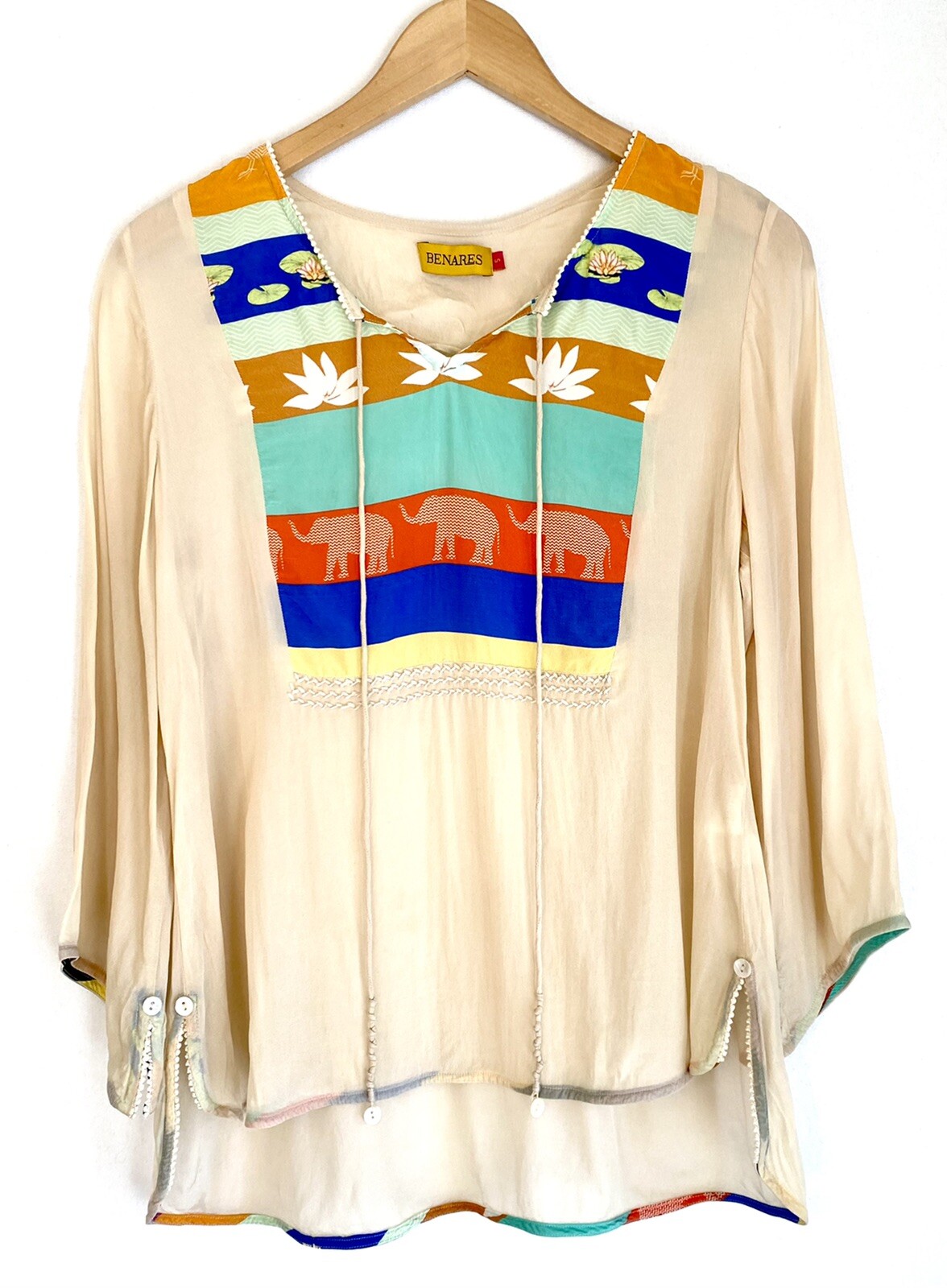BENARES Viscose Sheer Boho Hi Low Blouse Multiple Color Elephant Print Size S