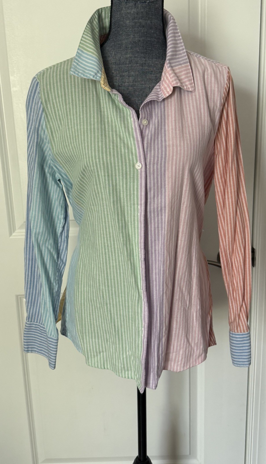 Tommy Hilfiger Women Striped Multi Colorblock Tie Front Cotton Blouse Top Sz L