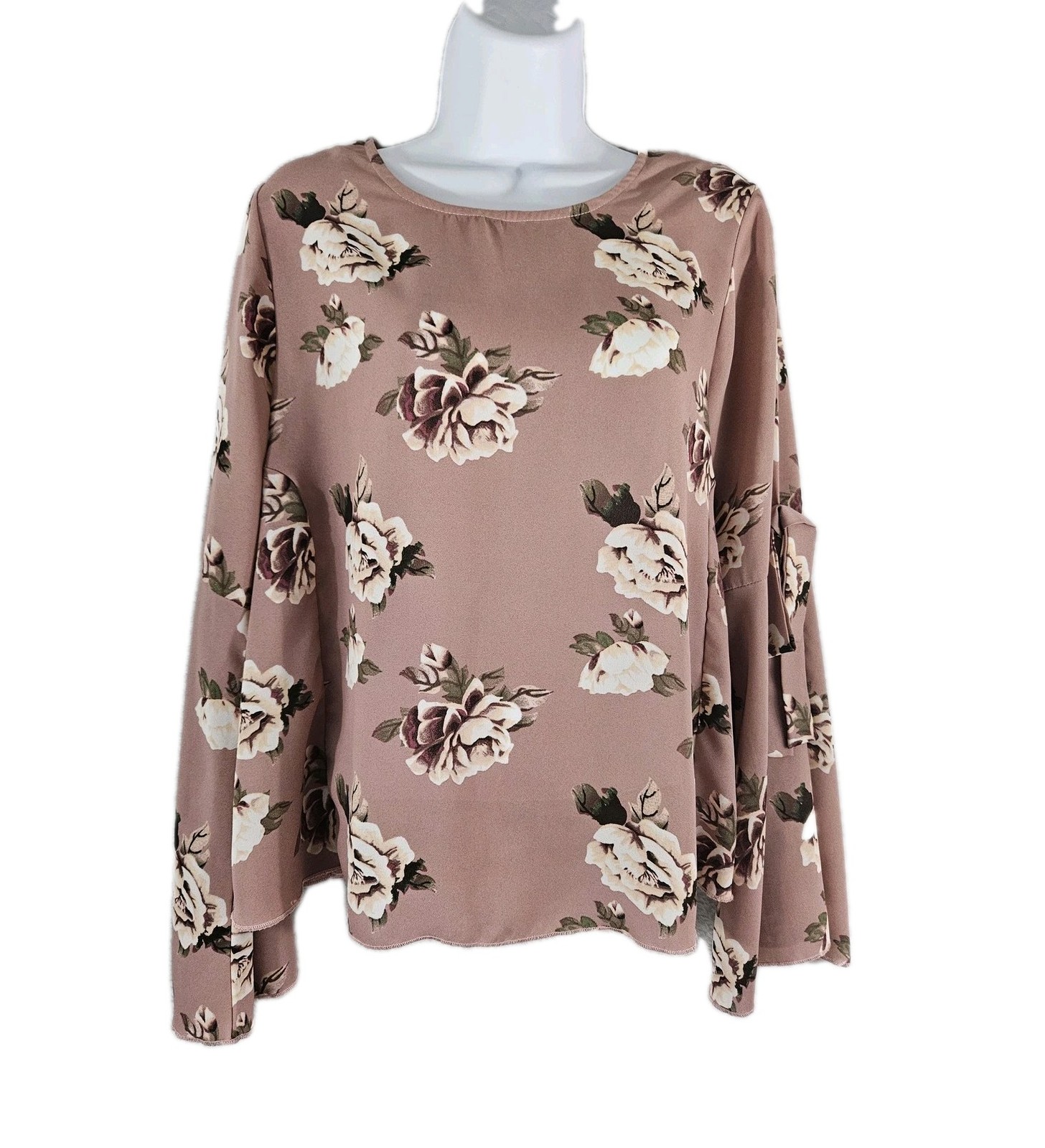 Belle Tweed Blouse Womens Small Pink Floral Bell Sleeve Ruffle Bow Top Romantic